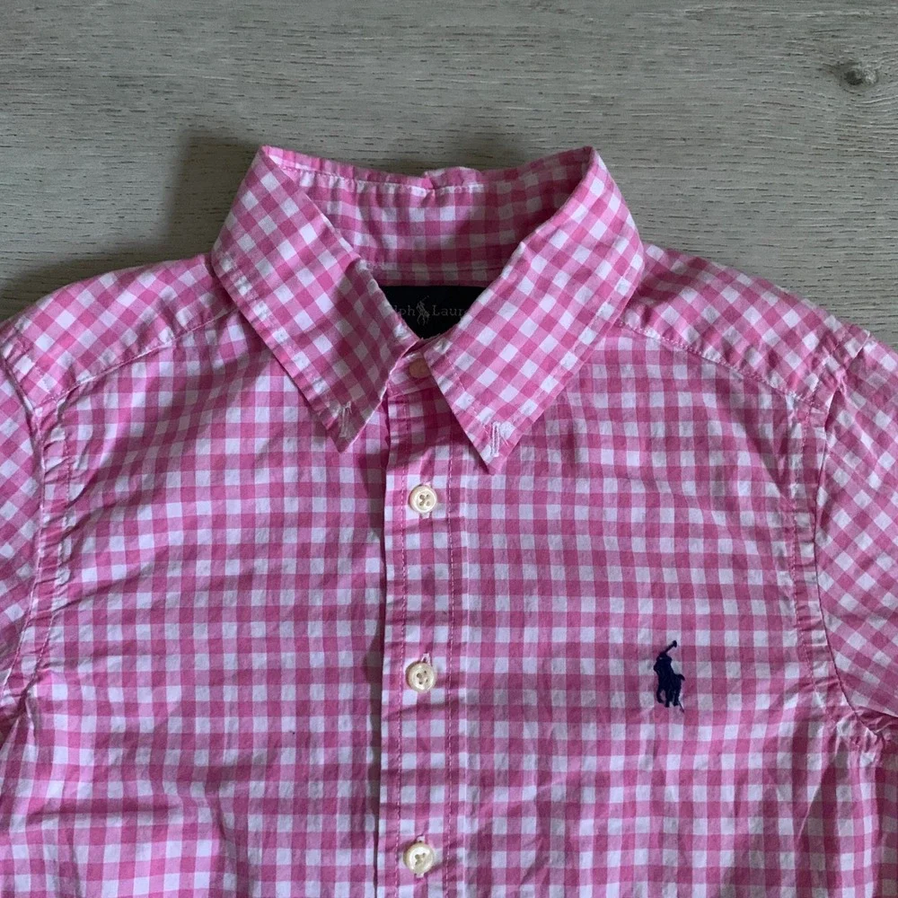 Ralph Lauren‎ Kids Pink Gingham Check Button Down Shirt Size S 8 Pony Logo